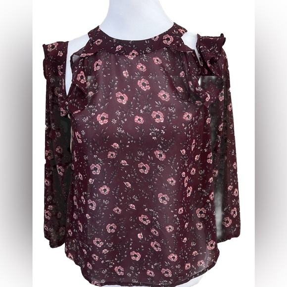 NWOT AEROPOSTALE Bloomsberry Maroon Cold Shoulder Floral Chiffon Blouse Small - Picture 3 of 9